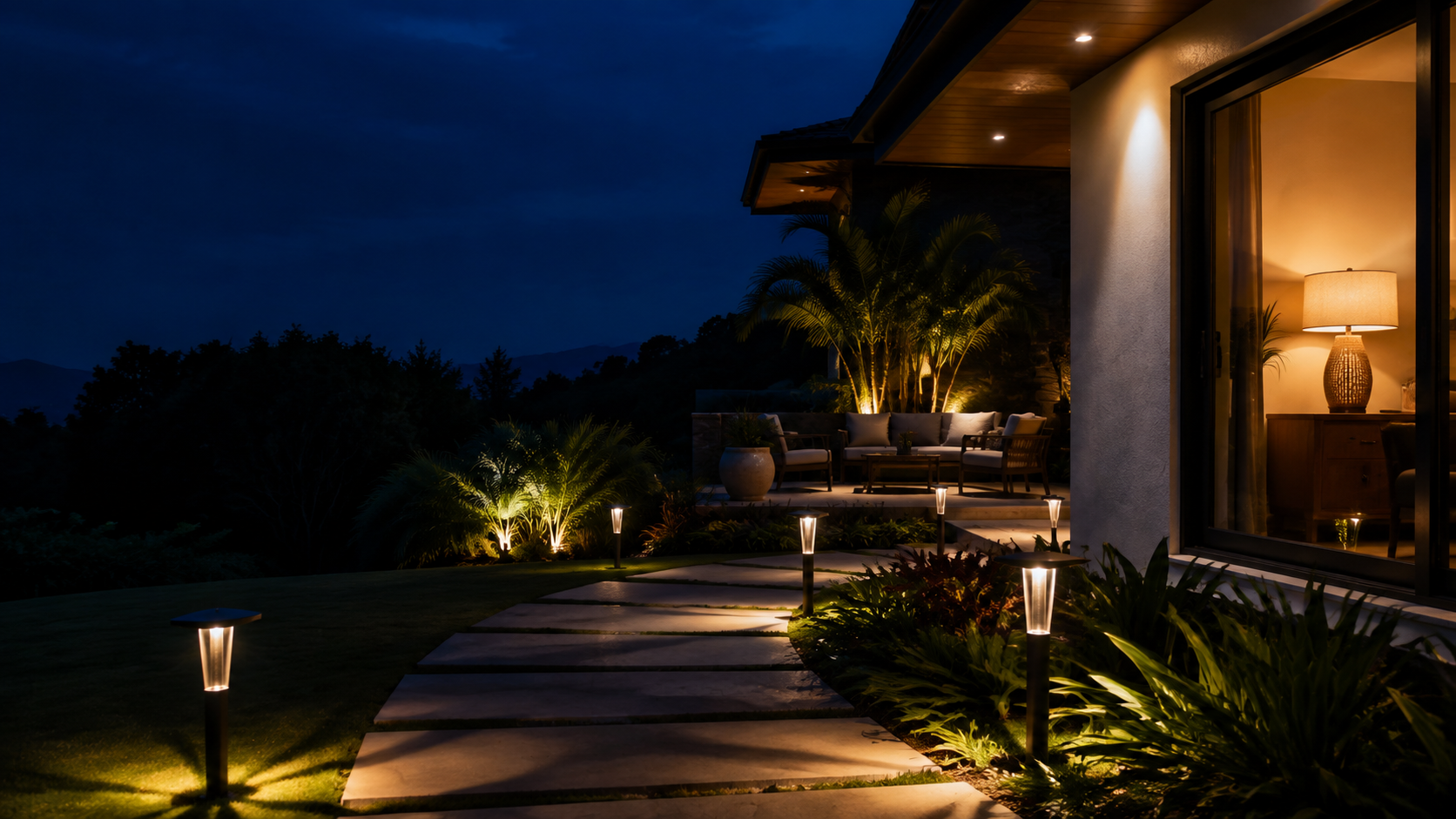 Patio moderno iluminado con lámparas solares